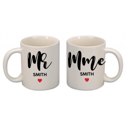 Lot de 2 Mug "Mr/Mme", à personnaliser avec votre nom famille